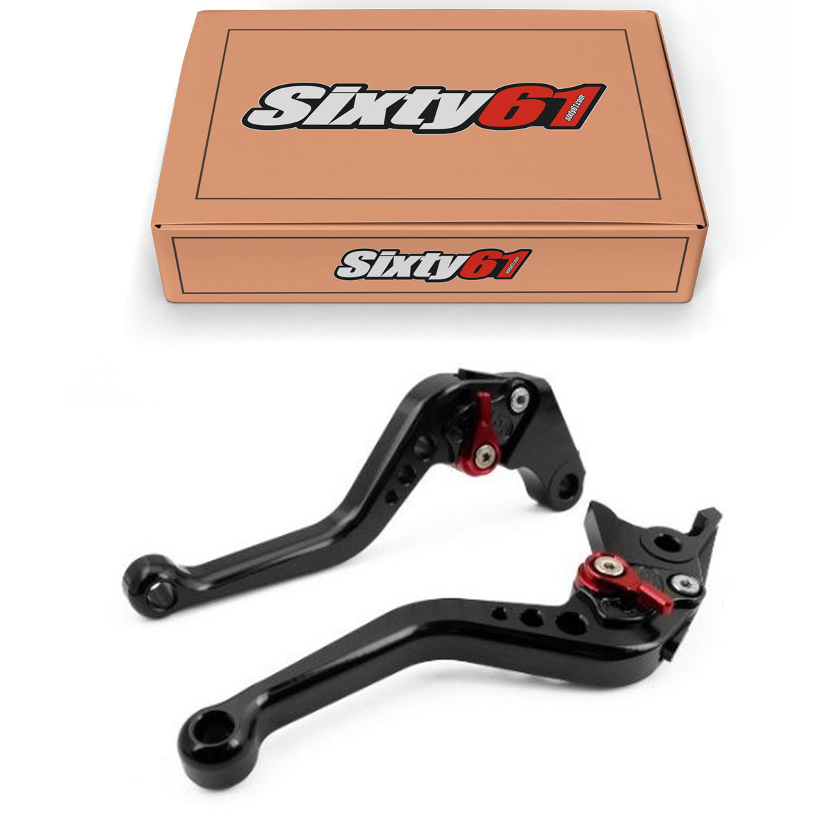 Sixty61 premium adjustable aluminum brake and clutch levers shown in black anodized finish, compatible with Honda, Kawasaki, Suzuki, and Yamaha motorcycles