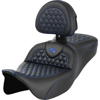 SADDLEMEN RoadSofa™ Seat - Honeycomb - Blue Stitch - with Backrest - FLH/FLT '08-'23 A808-07R-189BLU