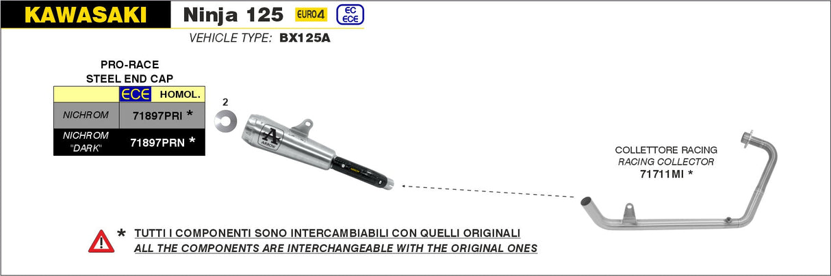 Arrow Kawasaki Ninja 125 2019-2020 / Z 125 19/20 Stainless Steel Racing Collector Without Catalyst For Original And Arrow Silencers 71711mi