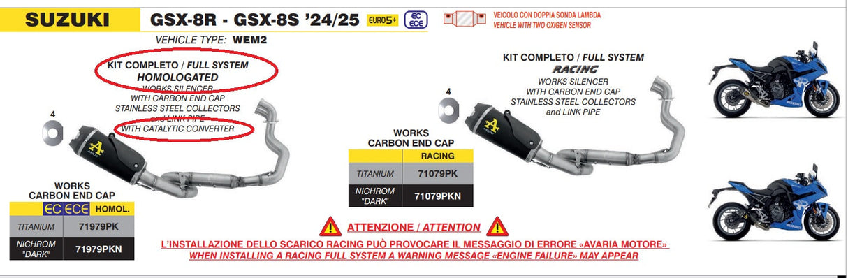 71979PKN Arrow Works HOMOLOGATED NICHROM "DARK" full system with Catalytic converter  SUZUKI GSX-8S /R 2022-2025