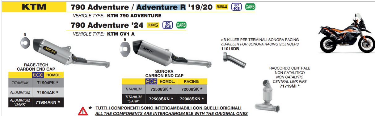 71904AK Arrow Race-Tech Slip-on Exhaust, Aluminum for KTM 790/890 Adventure / R 19024