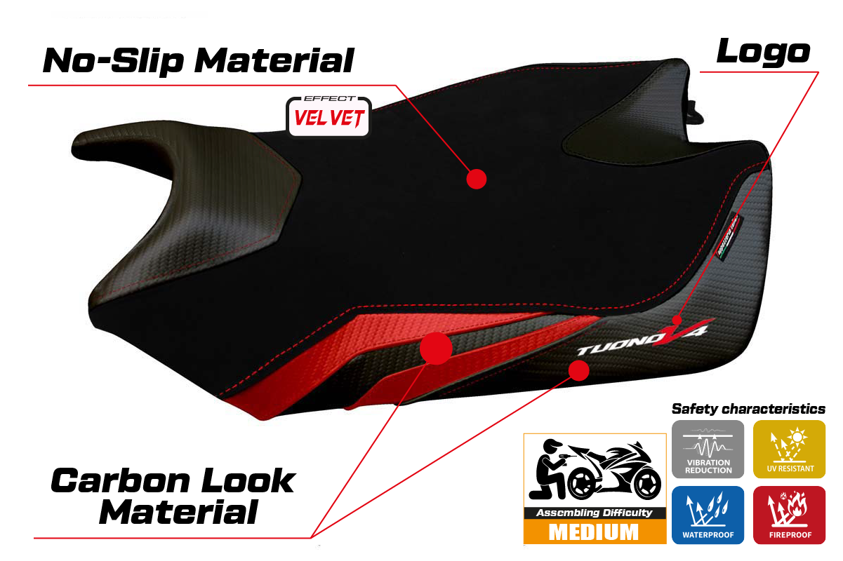 Aprilia Tuono V4 2011-2020 Seat Cover Tappezzeria Italia in Velvet Red and Black