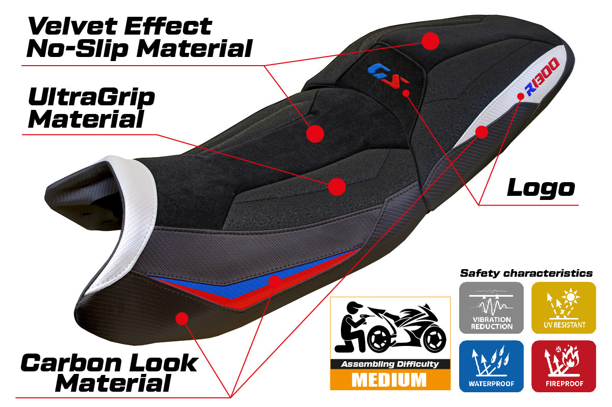 BMW R1300GS 2023-2025 Touring Seat Cover Tappezzeria Italia Ultragrip in White Red and Blue