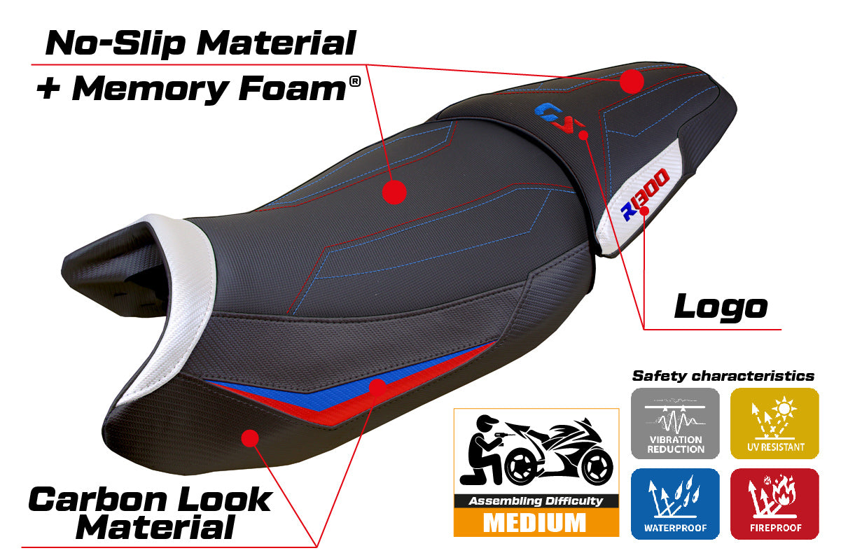 BMW R1300GS 2023-2025 Standard Seat Cover Tappezzeria Italia Comfort in White Red and Blue