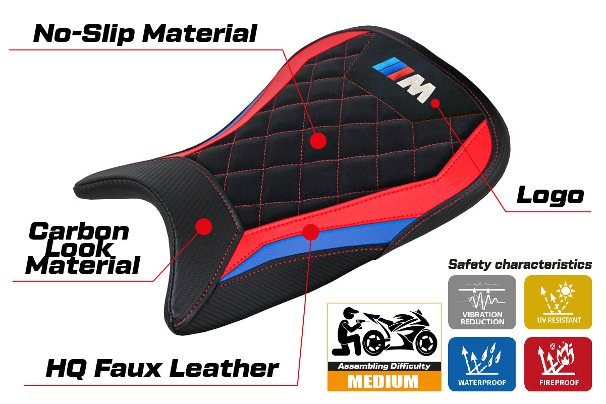 BMW M1000R 2022-2025 Seat Cover Tappezzeria Italia in Red, Blue and Black Velvet