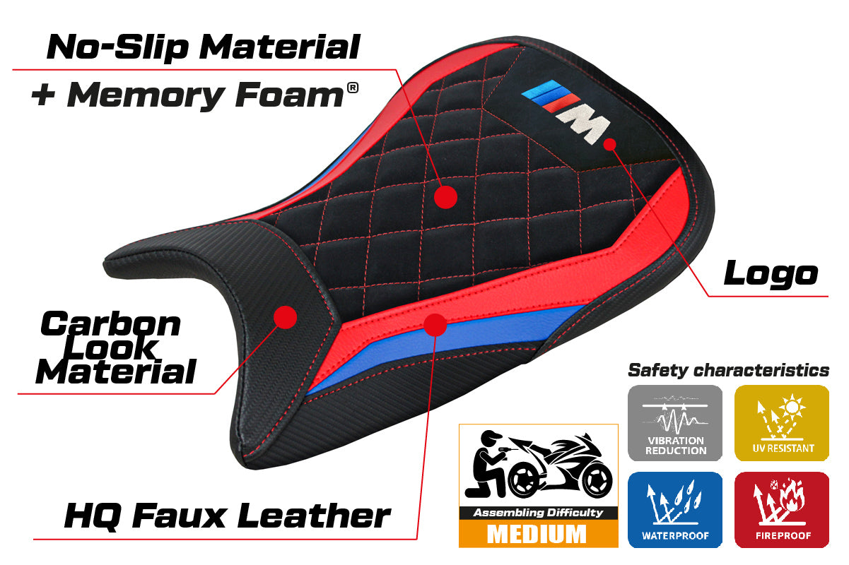 BMW M1000R 2022-2025 Seat Cover Tappezzeria Italia Comfort in Red, Blue and Black Velvet