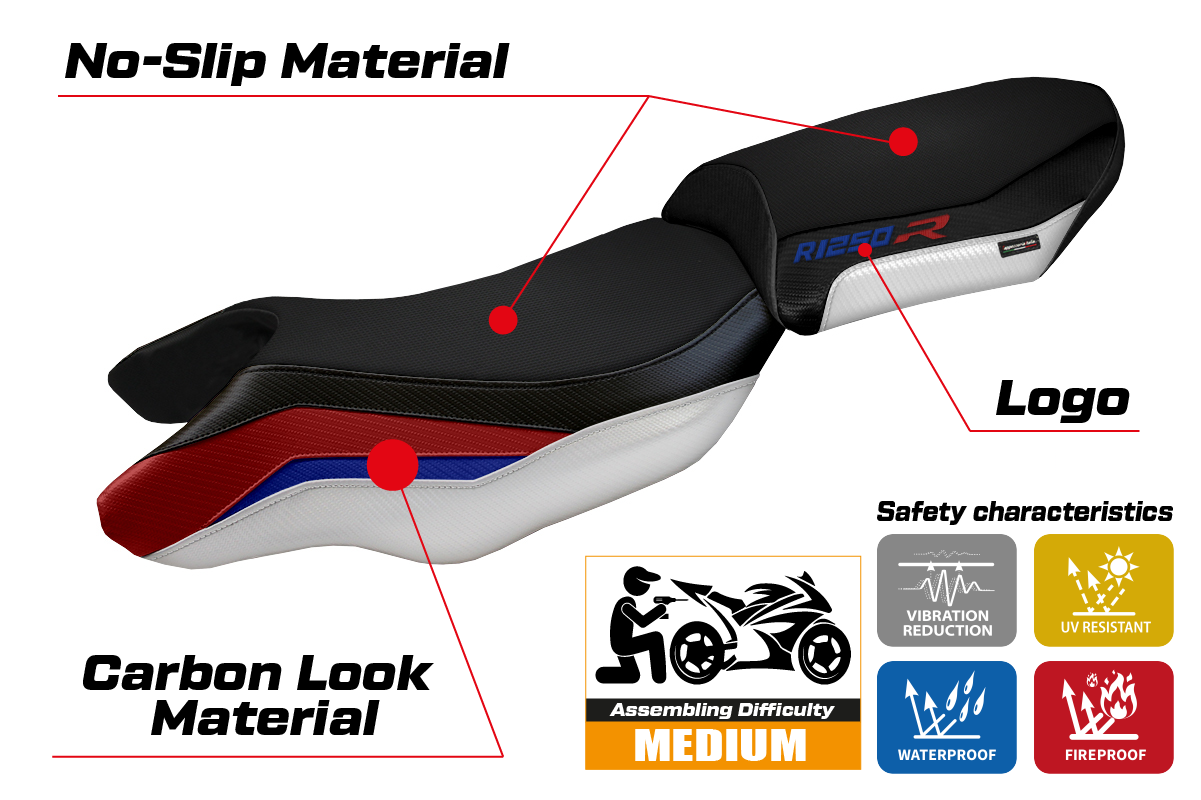 BMW R1250R 2019-2025 Seat Cover Tappezzeria Italia in Red, Blue and White HP