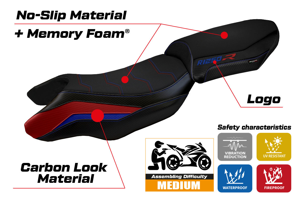 BMW R1250R 2019-2025 Seat Cover Tappezzeria Italia Comfort in Blue, Red and Black