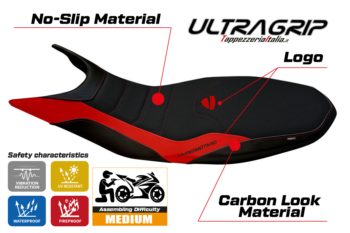 Ducati Hypermotard 821 939 2013-2018 Seat Cover Tappezzeria Italia Ultragrip in Red and Black
