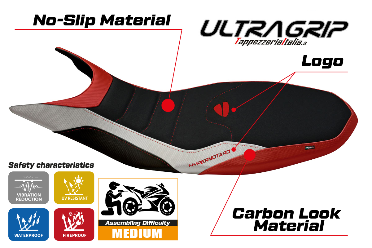 Ducati Hypermotard 821 939 2013-2018 Seat Cover Tappezzeria Italia Ultragrip in Red and White