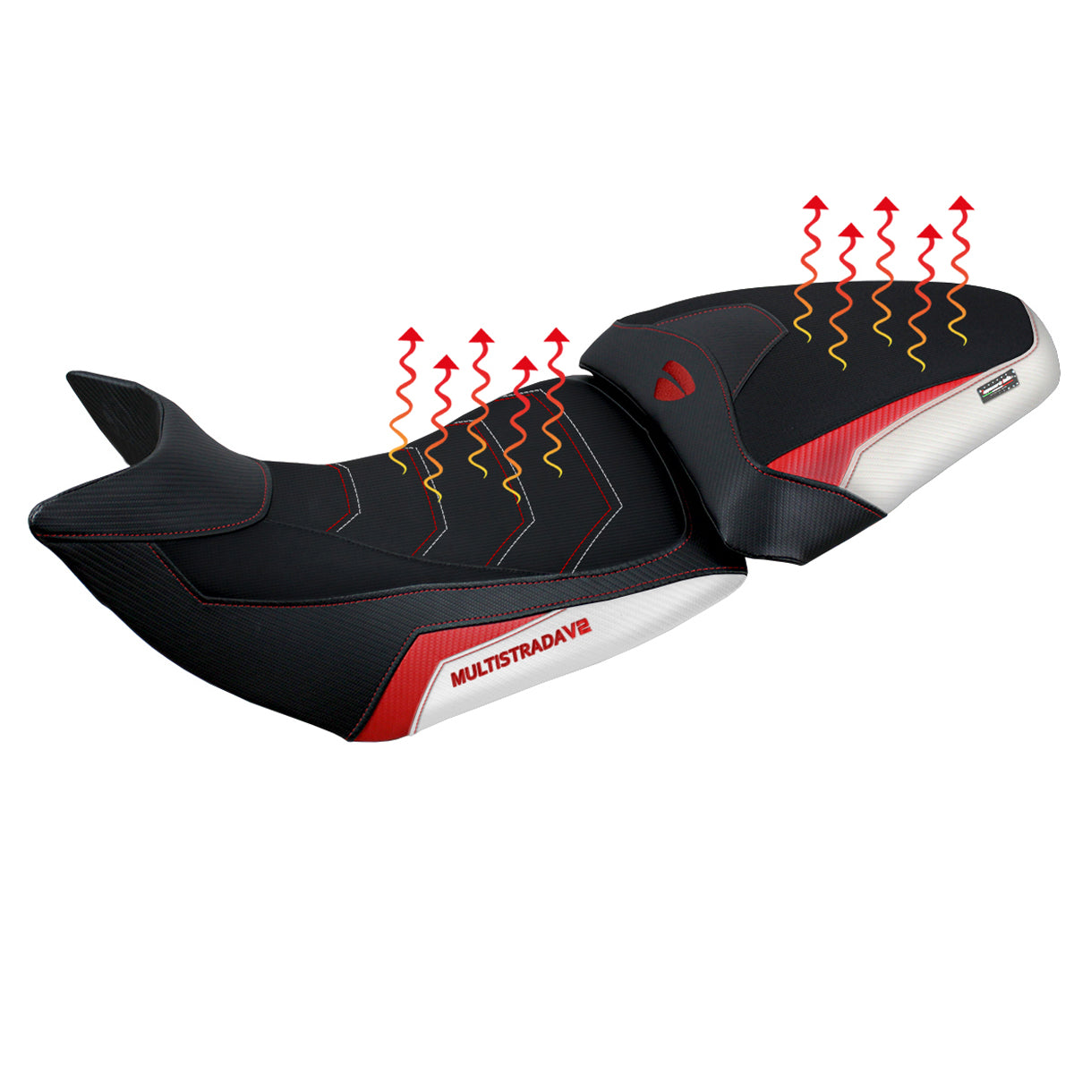 Ducati Multistrada V2 2021-2024 Comfort Heated Seat Cover Tappezzeria Italia in White and Red