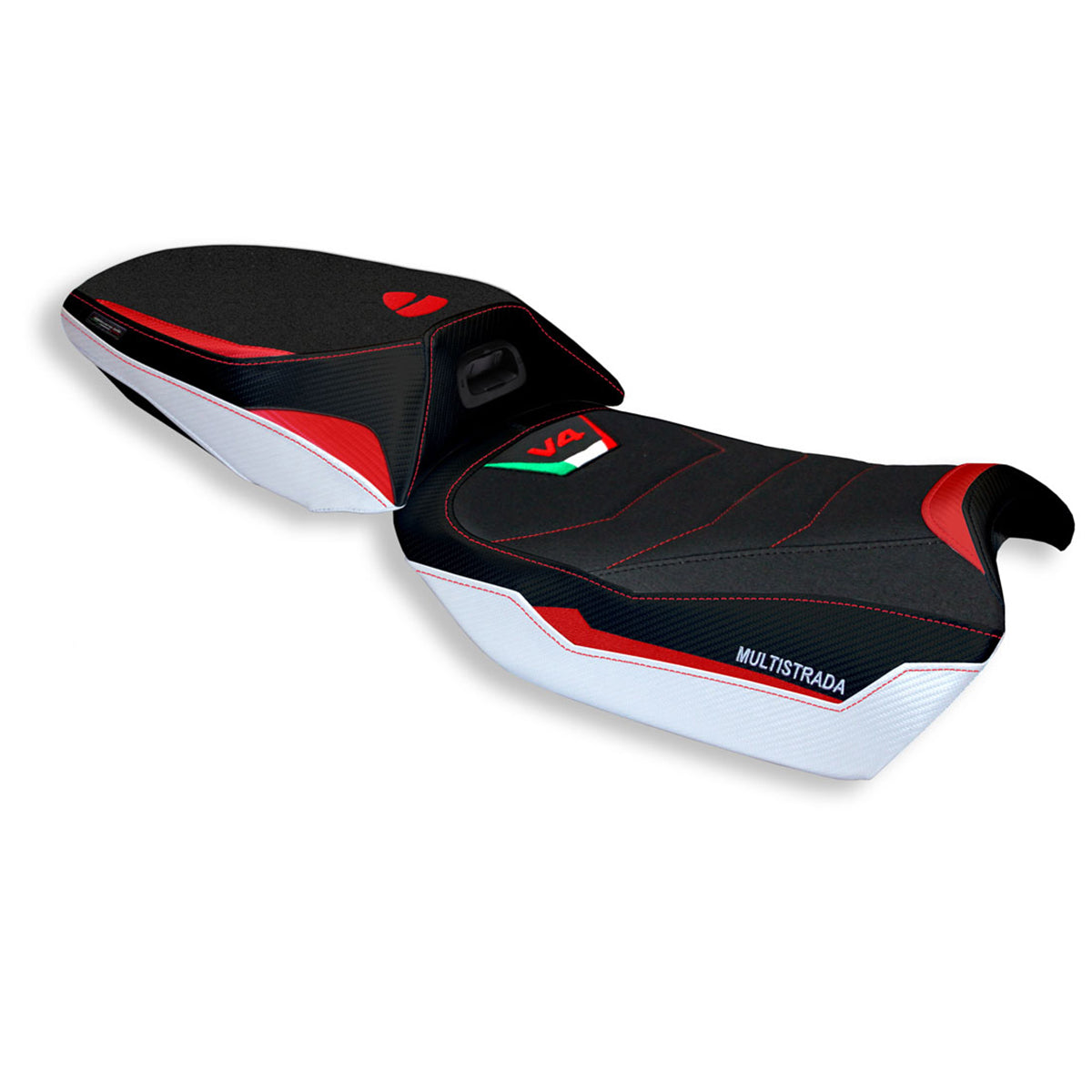 Ducati Multistrada V4 2021-2025 Heated Seat Cover Tappezzeria Italia Ultragrip in White and Red
