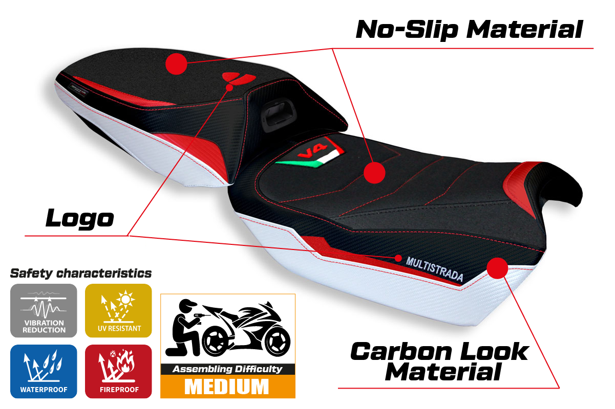 Ducati Multistrada V4 2021-2025 Heated Seat Cover Tappezzeria Italia Ultragrip in White and Red