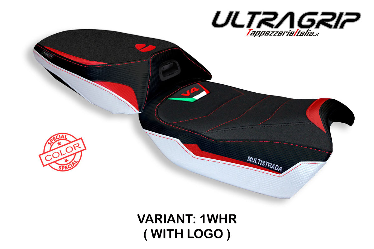 Ducati Multistrada V4 2021-2025 Heated Seat Cover Tappezzeria Italia Ultragrip in White and Red