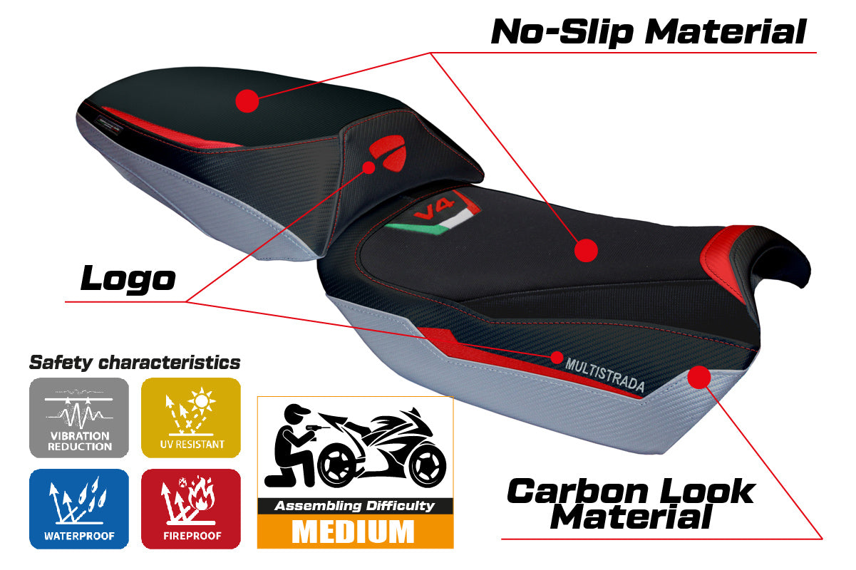 Ducati Multistrada V4 Rally 2023-2025 Seat Cover Tappezzeria Italia in Red, Silver and Black
