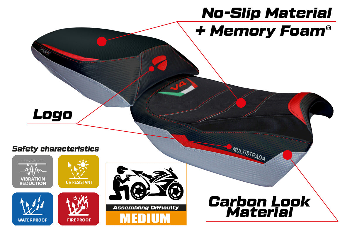 Ducati Multistrada V4 Rally 2023-2025 Seat Cover Tappezzeria Italia Comfort in Red, Silver and Black