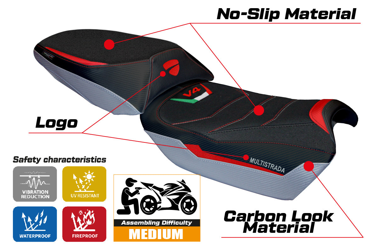Ducati Multistrada V4 Rally 2023-2025 Seat Cover Tappezzeria Italia Ultragrip in Red and Silver