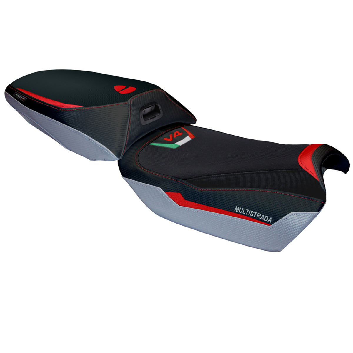 Ducati Multistrada V4 Rally Heat 2023-2025 Seat Cover Tappezzeria Italia in Red, Silver and Black