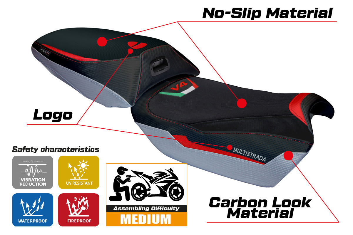 Ducati Multistrada V4 Rally Heat 2023-2025 Seat Cover Tappezzeria Italia in Red, Silver and Black