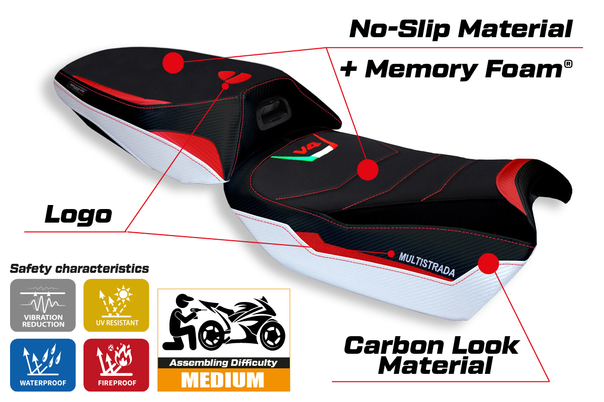 Ducati Multistrada V4 2021-2025 Heated Seat Cover Tappezzeria Italia Comfort in White and Red