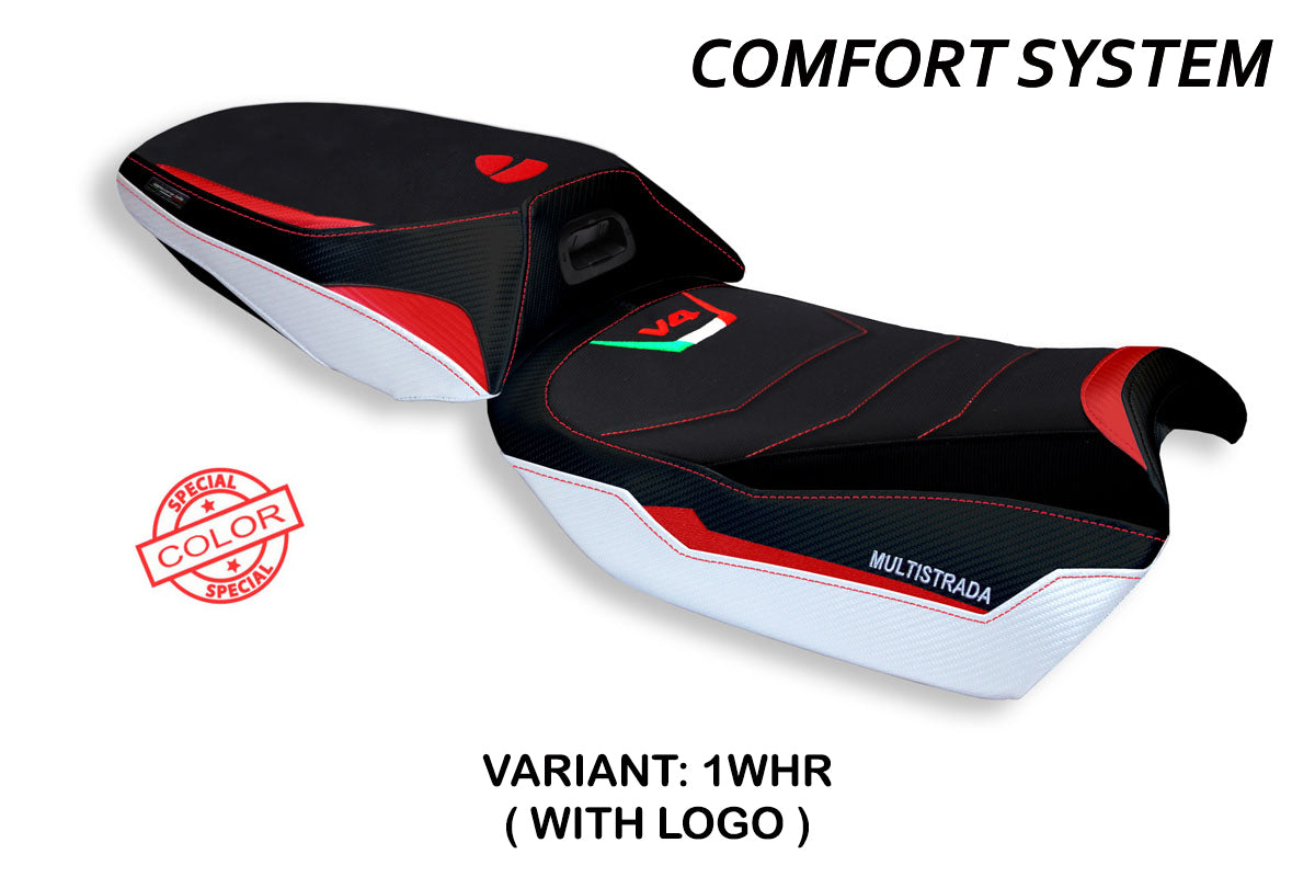 Ducati Multistrada V4 2021-2025 Heated Seat Cover Tappezzeria Italia Comfort in White and Red