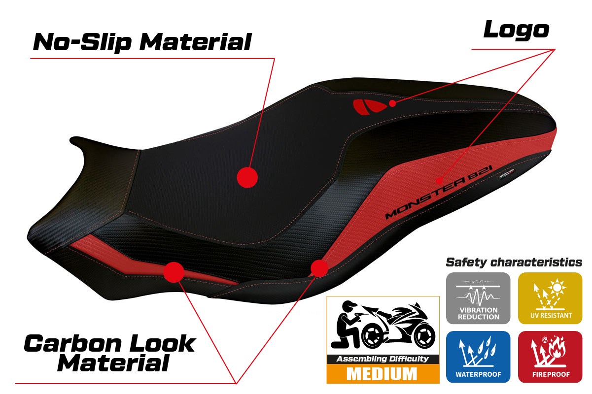 Ducati Monster 821 1200 2017-2020 Seat Cover Tappezzeria Italia in Red and Black
