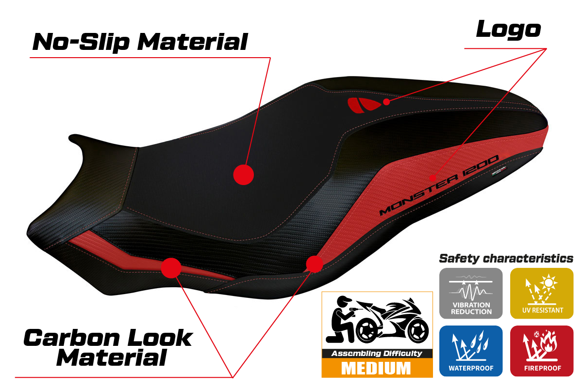 Ducati Monster 821 1200 2017-2020 Seat Cover Tappezzeria Italia in Red and Black