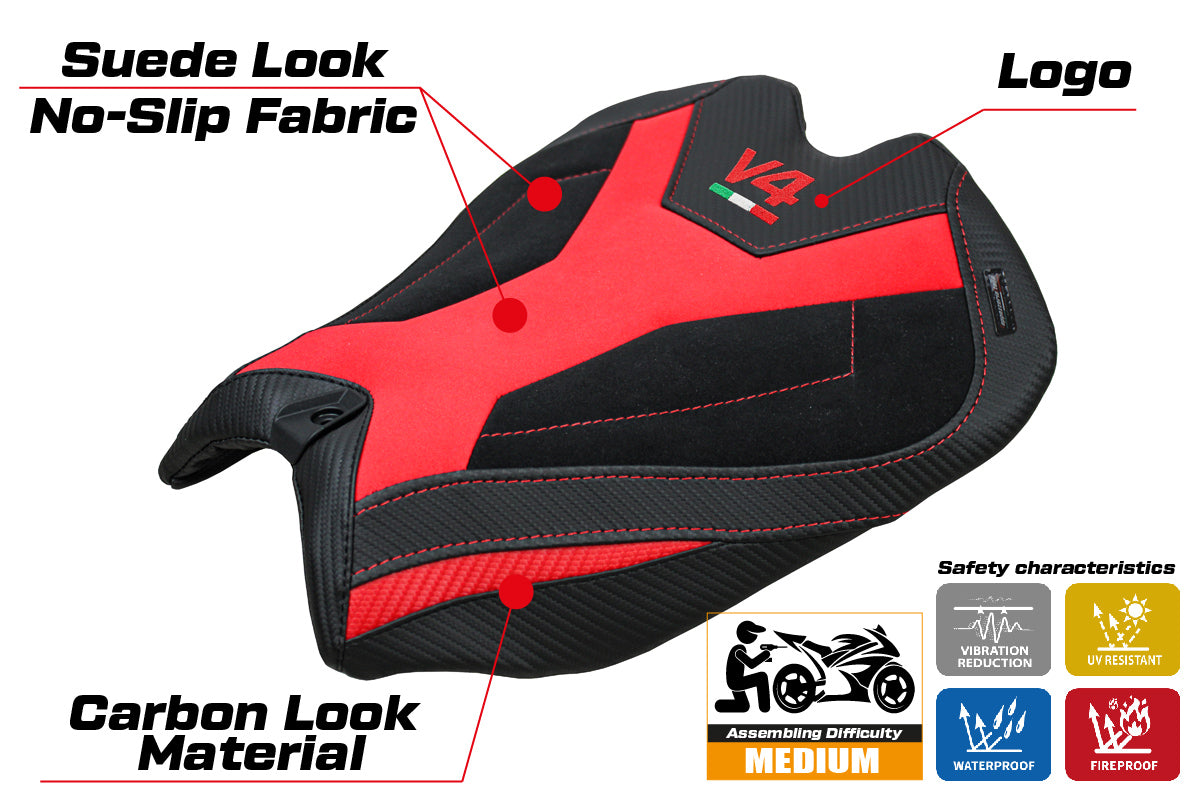 Ducati Panigale V4 2025 Seat Cover Tappezzeria Suede Black Red V4 Logo