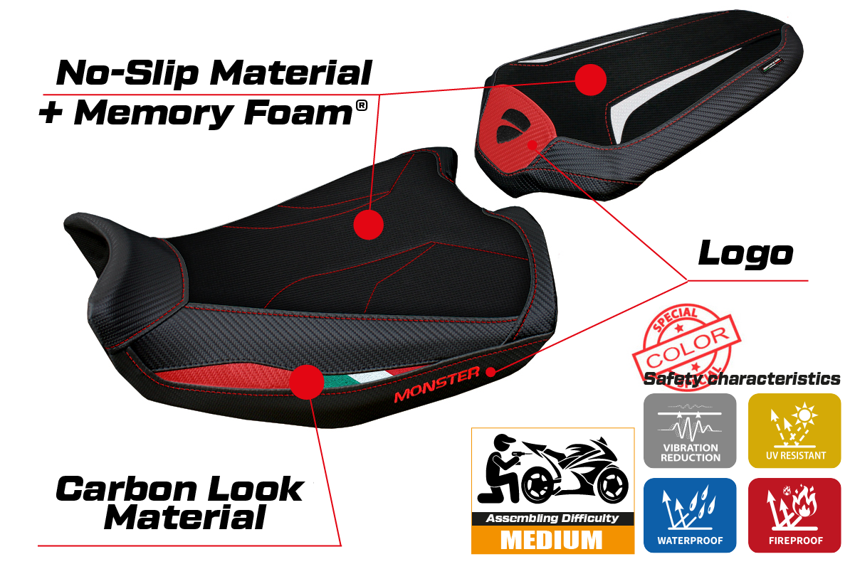 Ducati Monster 937 950 2021-2025 Seat Cover Tappezzeria Italia Comfort in Red, White and Black