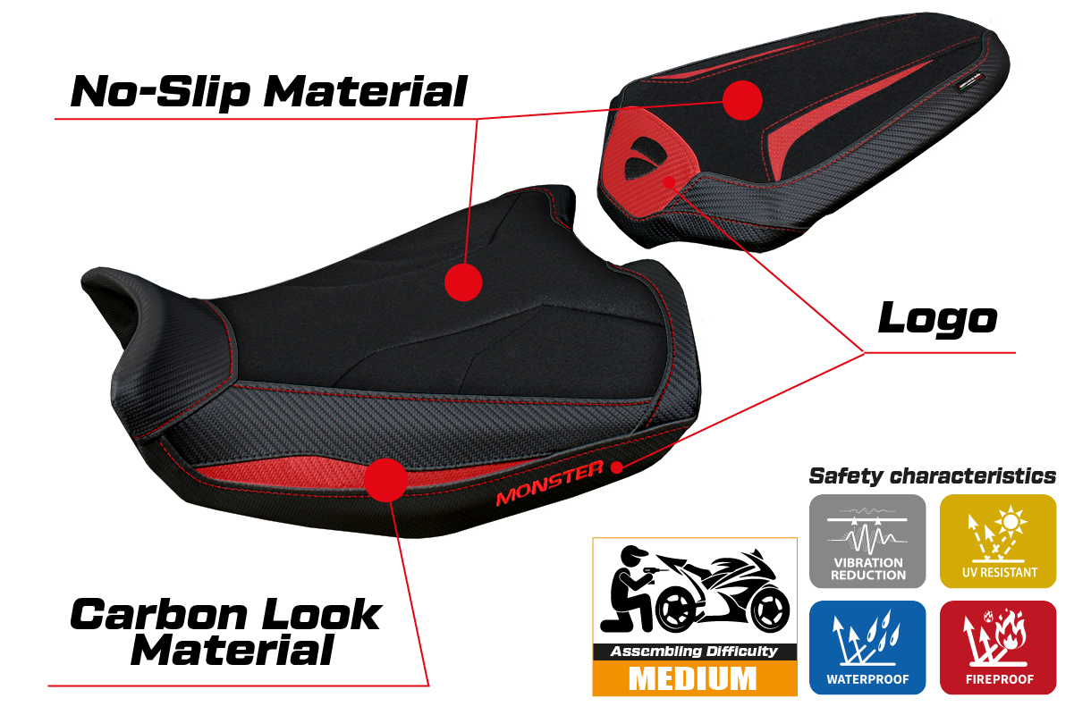 Ducati Monster 937 950 2021-2025 Seat Cover Tappezzeria Italia Ultragrip in Red and Black