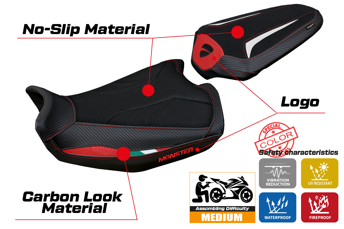 Ducati Monster 937 950 2021-2025 Seat Cover Tappezzeria Italia Ultragrip in Red, White and Black