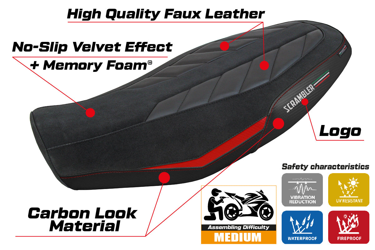 Ducati Scrambler 800 2023-2025 Seat Cover Tappezzeria Italia Comfort in Velvet Red and Black