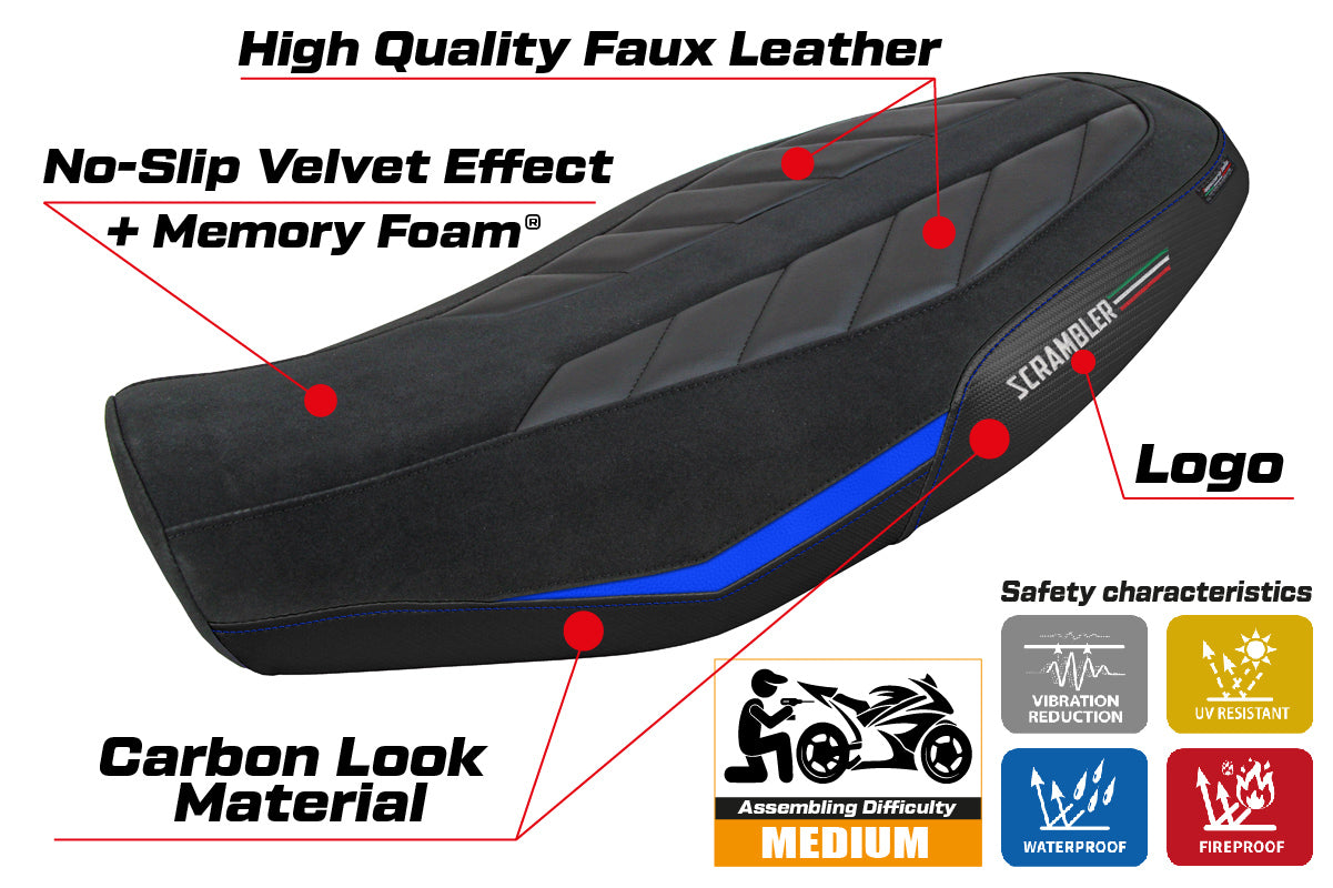 Ducati Scrambler 800 2023-2025 Seat Cover Tappezzeria Italia Comfort in Velvet Blue and Black