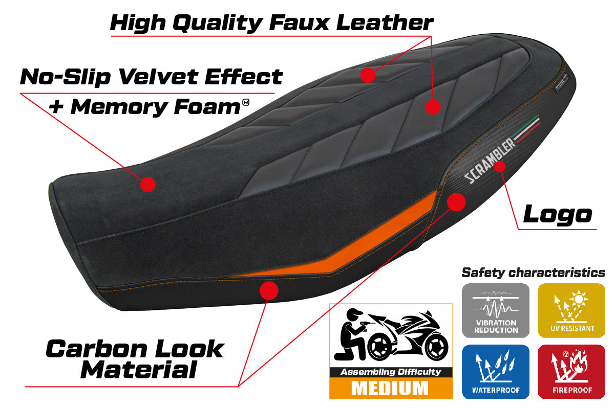 Ducati Scrambler 800 2023-2025 Seat Cover Tappezzeria Italia Comfort in Velvet Orange and Black