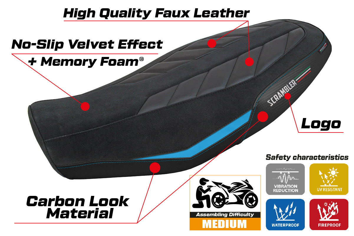Ducati Scrambler 800 2023-2025 Seat Cover Tappezzeria Italia Comfort in Velvet Light Blue and Black