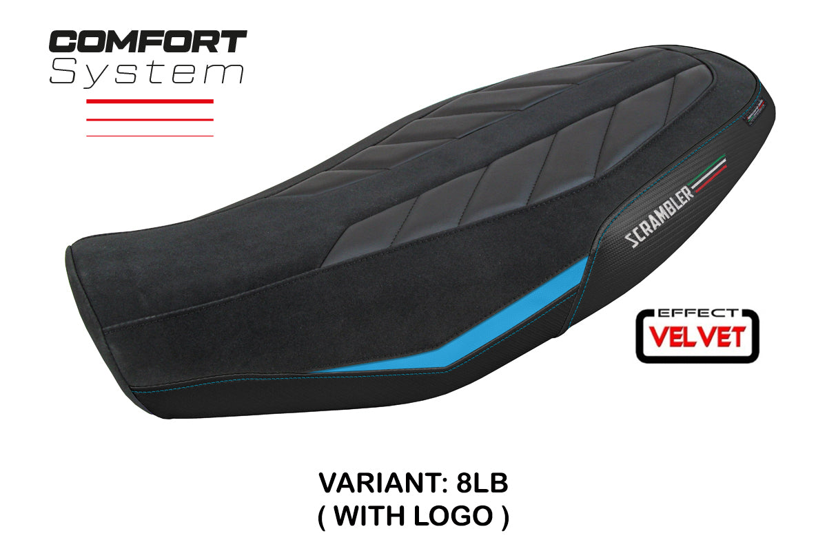 Ducati Scrambler 800 2023-2025 Seat Cover Tappezzeria Italia Comfort in Velvet Light Blue and Black
