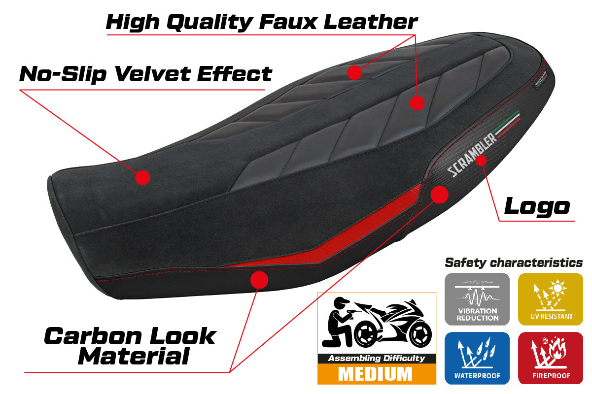 Ducati Scrambler 800 2023-2025 Seat Cover Tappezzeria Italia in Velvet Look Red and Black
