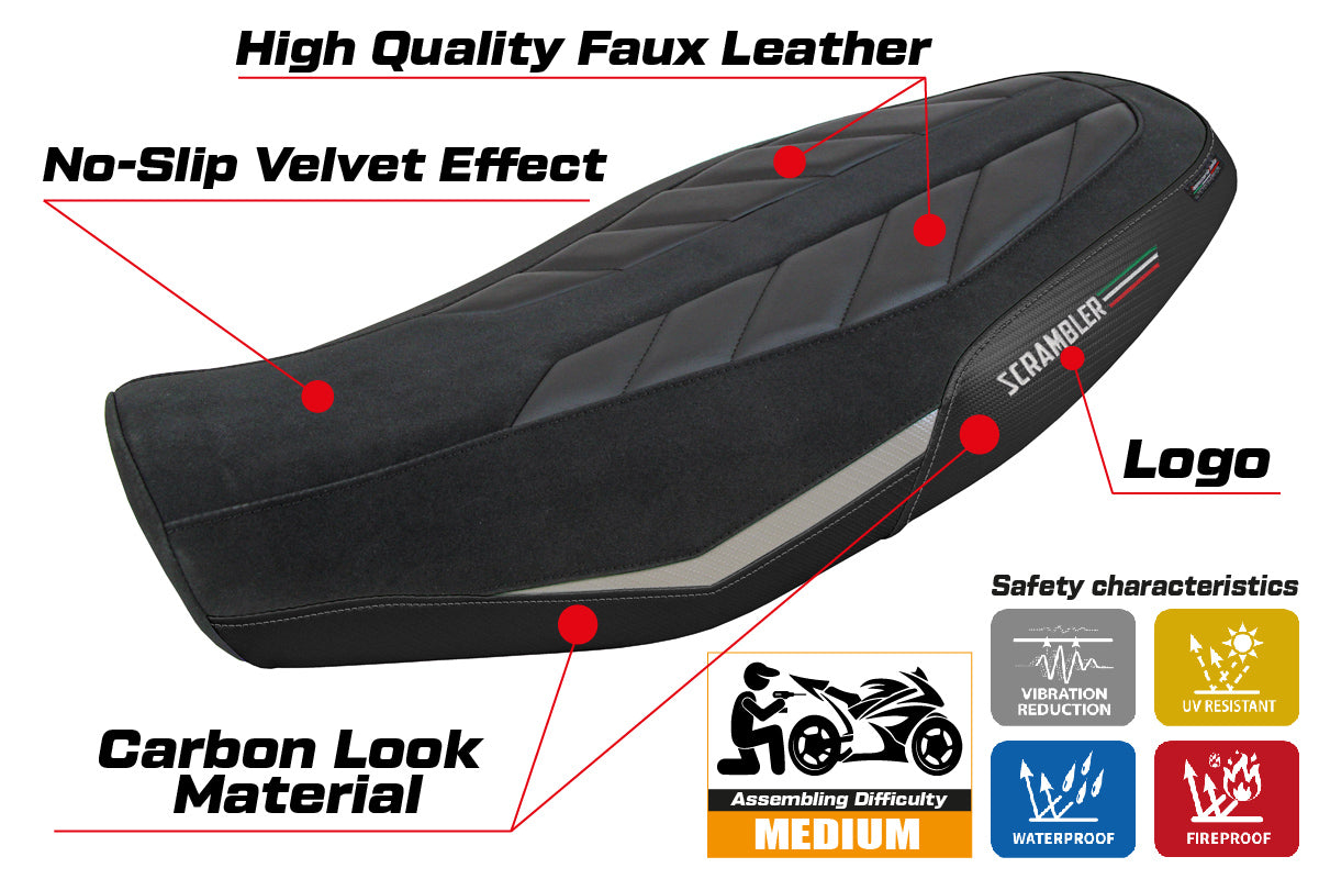 Ducati Scrambler 800 2023-2025 Seat Cover Tappezzeria Italia in Velvet Look Silver and Black
