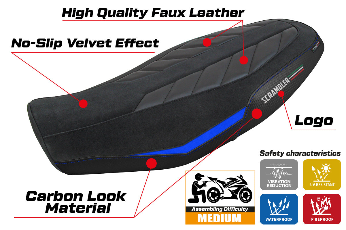 Ducati Scrambler 800 2023-2025 Seat Cover Tappezzeria Italia in Velvet Look Blue and Black