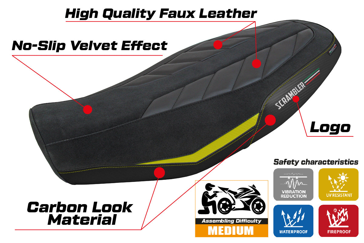 Ducati Scrambler 800 2023-2025 Seat Cover Tappezzeria Italia in Velvet Look Yellow and Black