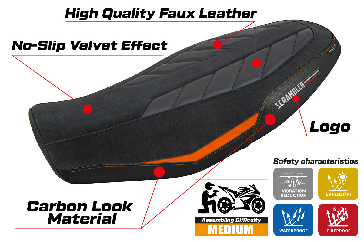 Ducati Scrambler 800 2023-2025 Seat Cover Tappezzeria Italia in Velvet Look Orange and Black