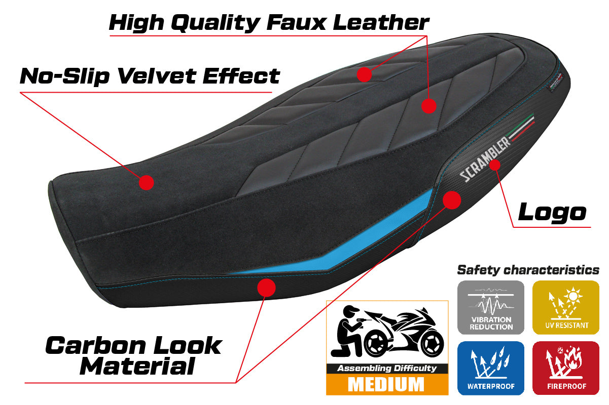 Ducati Scrambler 800 2023-2025 Seat Cover Tappezzeria Italia in Velvet Look Light Blue and Black