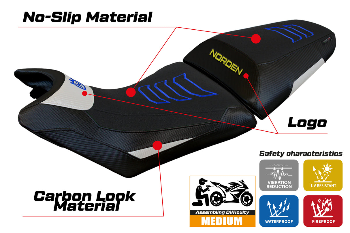 Husqvarna Norden 901 2022-2025 Seat Cover Tappezzeria Italia Ultragrip in White and Blue