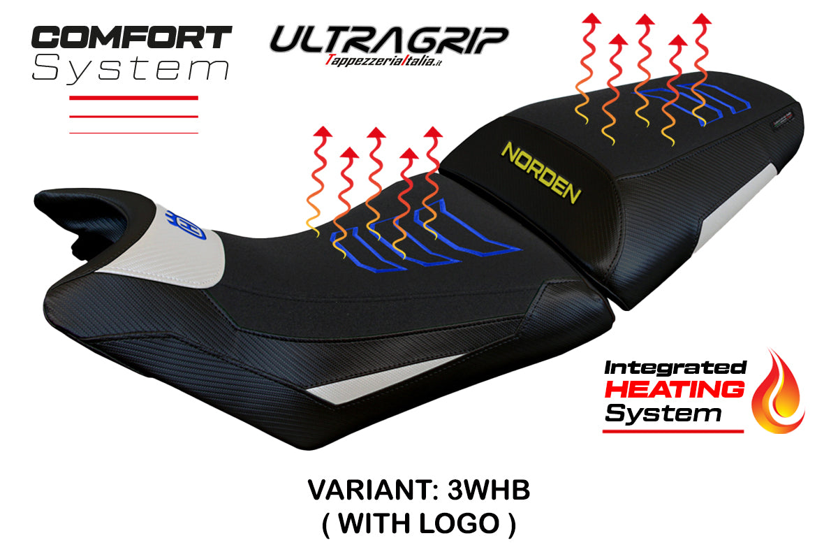 Husqvarna Norden 901 2022-2025 Seat Cover Tappezzeria Italia Comfort Heated in White and Blue