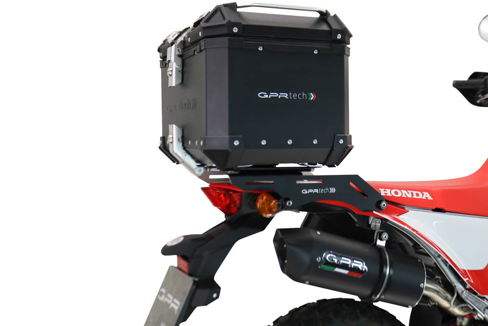Honda CRF 300 Rally 2021-2023 GPR Tech 35L Aluminum Top Case, Black, with roof rack and mounting plate