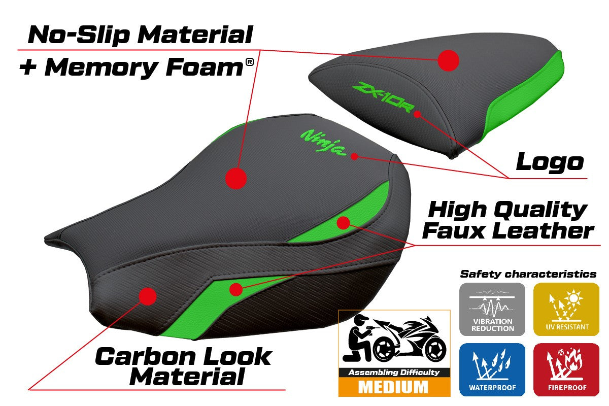 Kawasaki Ninja ZX 10 R 2006-2007 Seat Cover Tappezzeria Comfort Green Black