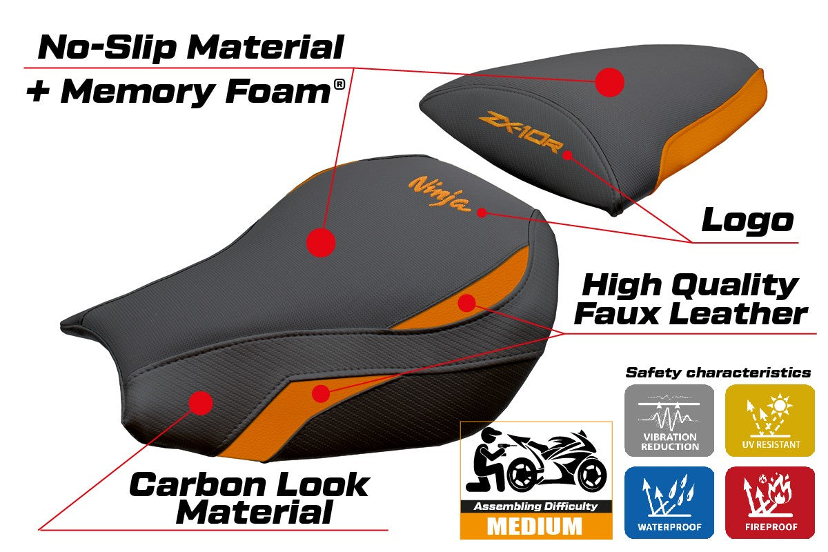 Kawasaki Ninja ZX 10 R 2006-2007 Seat Cover Tappezzeria Comfort Orange Black