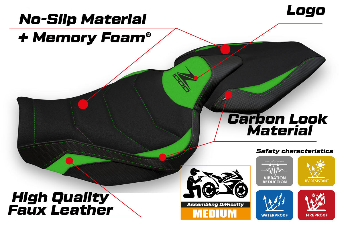 Kawasaki Z1000 2014-2021 Seat Cover Tappezzeria Italia Ultragrip in Green and Black