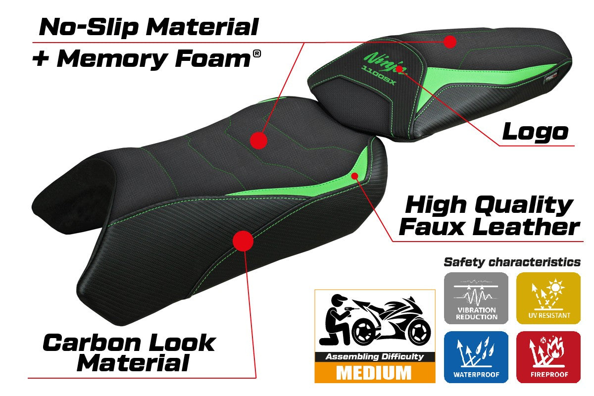 Kawasaki Ninja 1100 SX 2025 Seat Cover Tappezzeria Comfort Green Black