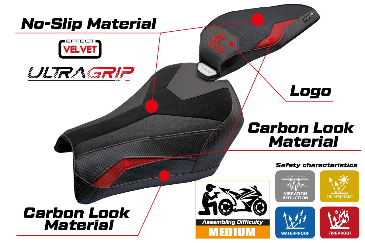 Kawasaki Z900 2025 Seat Cover Tappezzeria Velvet Ultragrip Red Black